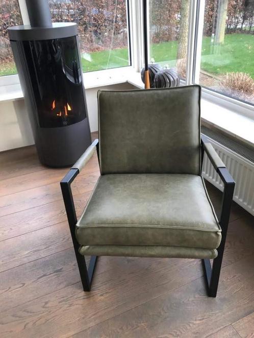 Leren fauteuil met stalen frame - groen leer - Echt leer, In, Huis en Inrichting, Fauteuils, 50 tot 75 cm, 75 tot 100 cm, Nieuw