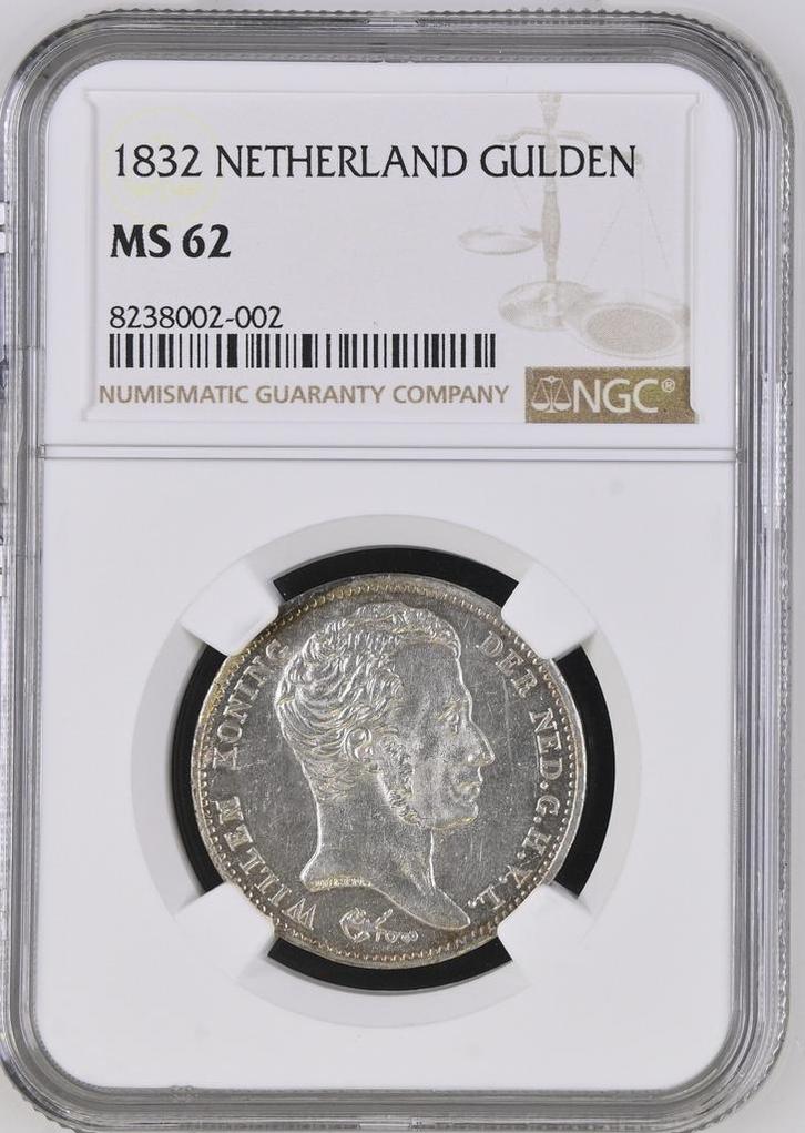 Koning Willem I 1 gulden 1832 MS62 NGC gecertificeerd, Postzegels en Munten, Munten | Nederland, Losse munt, 1 gulden, Koning Willem I