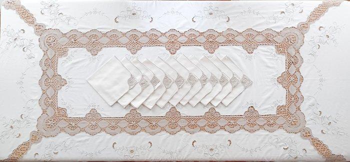 Groot tafellaken met handgeborduurd borduurwerk en 11, Antiek en Kunst, Antiek | Kleden en Textiel