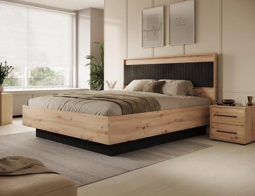 Tweepersoonsbed - Eiken - Zwart 180x200 cm - 2persoons, Huis en Inrichting, Slaapkamer | Bedden, Nieuw, Tweepersoons, Verzenden