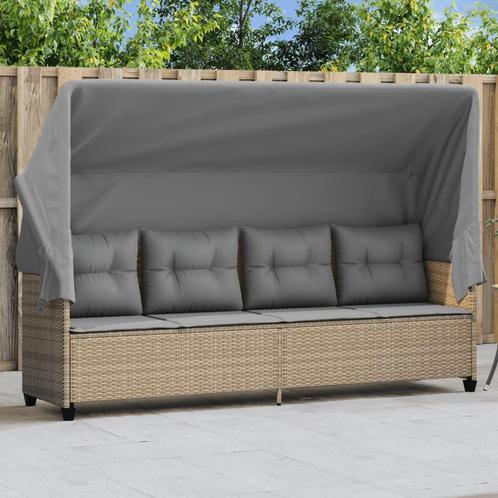 vidaXL Ligbed met luifel en kussen poly rattan beige, Tuin en Terras, Ligbedden, Nieuw, Verzenden