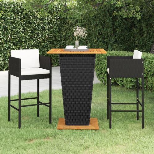 vidaXL 3-delige Tuinbarset met kussens poly rattan zwart, Tuin en Terras, Tuinsets en Loungesets, Nieuw, 2 zitplaatsen, Rotan