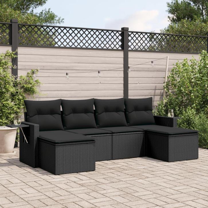 vidaXL 6-delige Loungeset met kussens poly rattan zwart, Tuin en Terras, Tuinsets en Loungesets, Loungeset, Nieuw, Rotan, Verzenden