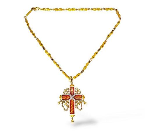 2-delige sieradenset - 18 karaat Geel goud, Platina,, Sieraden, Tassen en Uiterlijk, Antieke sieraden