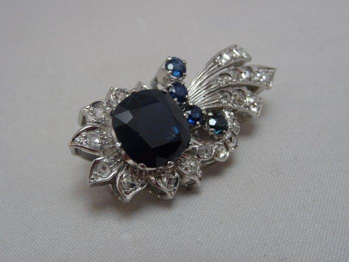 Broche - 18 karaat Witgoud Saffier - Diamant, Sieraden, Tassen en Uiterlijk, Antieke sieraden