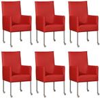 Set van 6 Rode leren moderne eetkamerstoelen - poot rond rvs, Huis en Inrichting, Overige kleuren, Nieuw, Leer, Ophalen of Verzenden