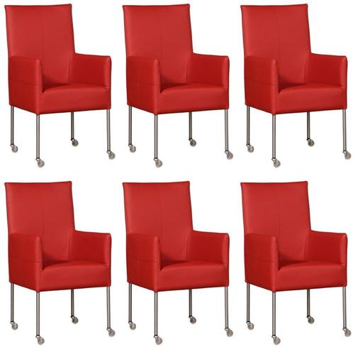 Set van 6 Rode leren moderne eetkamerstoelen - poot rond rvs, Huis en Inrichting, Stoelen, Vijf, Zes of meer stoelen, Overige kleuren