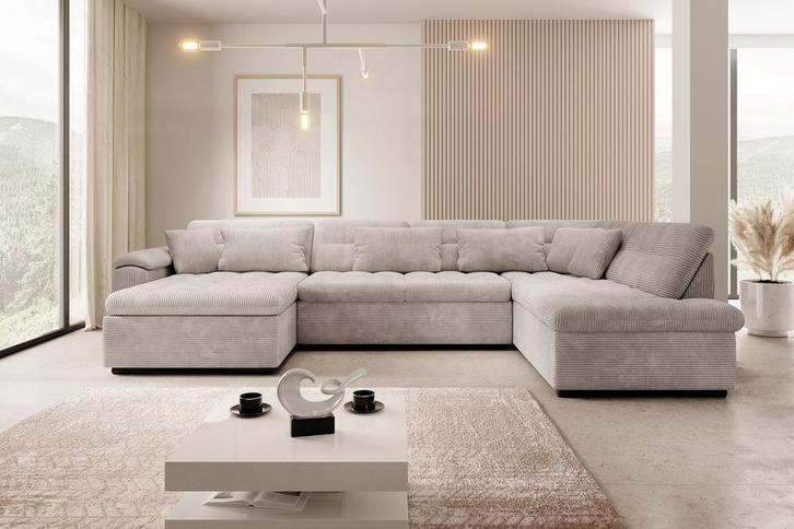 Meubella hoekbank Nicoreta beige ribstof 350x200cm, Huis en Inrichting, Banken | Bankstellen, 300 cm of meer, 150 cm of meer, Hoekbank