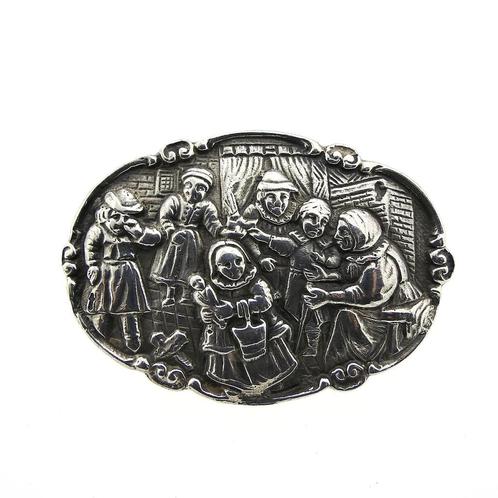 Vintage zilveren broche met tafereel (oud hollands, muziek), Sieraden, Tassen en Uiterlijk, Broches, Overige kleuren, Gebruikt