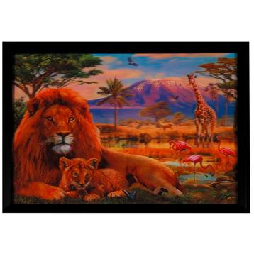 Poster 3D met Lijst - Leeuwen & Flamingos & Giraf Savanne - beschikbaar voor biedingen