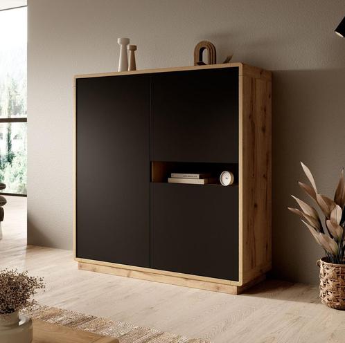 Meubella | Opbergkast eiken mat zwart 121x40x125, Huis en Inrichting, Kasten | Vitrinekasten, 25 tot 50 cm, Nieuw, 100 tot 150 cm