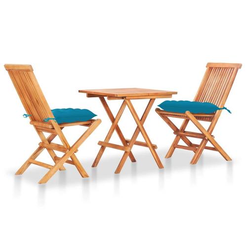vidaXL 3-delige Bistroset met lichtblauwe kussens massief, Tuin en Terras, Tuinsets en Loungesets, Nieuw, 3 zitplaatsen, Teakhout