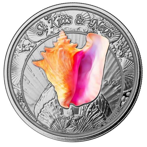EC8 - St. Kitts and Nevis Conch Shell 1 oz 2023 coloured, Postzegels en Munten, Munten | Amerika, Losse munt, Zilver, Verzenden