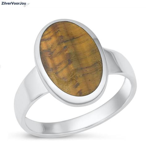 Zilveren ovale bruine tijgeroog edelsteen ring, Sieraden, Tassen en Uiterlijk, Ringen, Nieuw, Verzenden