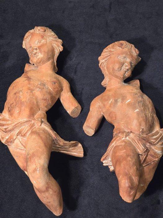 sculptuur, Coppia putti XVIII - 25 cm - Hout, Antiek en Kunst, Antiek | Keramiek en Aardewerk