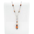 18 Krt. Witgouden ketting met vaste hanger; onyx, bloedko..., Gebruikt, Overige kleuren, Ophalen of Verzenden, Met edelsteen