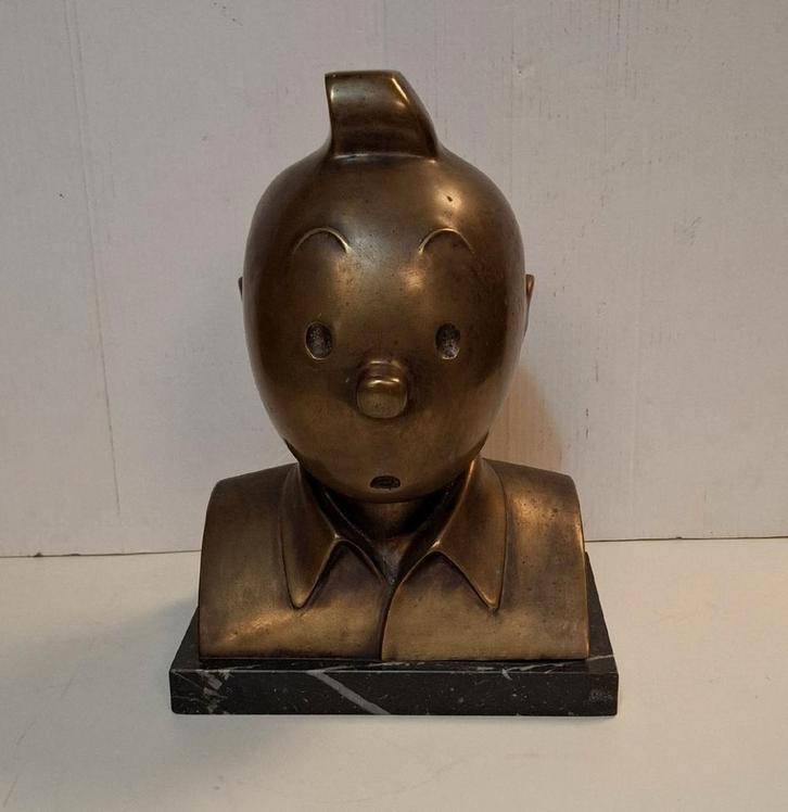 Kuifje Messing Spaarpot Buste op Marmeren Voet, Verzamelen, Film en Tv, Ophalen