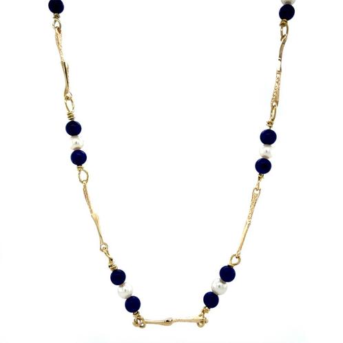 Gouden vintage collier met lapis lazuli en parel 14 krt, Sieraden, Tassen en Uiterlijk, Kettingen, Nieuw, Ophalen of Verzenden