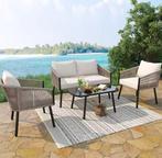 Tuin Loungeset 4-Delig – Staal, Glas en Gevlochten Touw, 4 zitplaatsen, Verzenden, Nieuw, Bank