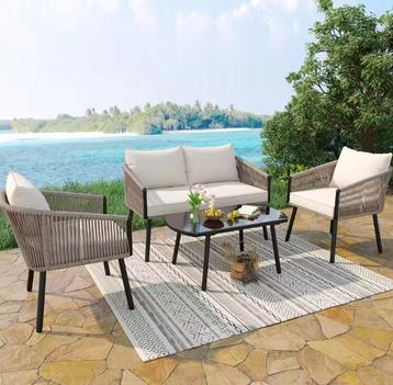 Tuin Loungeset 4-Delig – Staal, Glas &amp; Gevlochten Touw beschikbaar voor biedingen