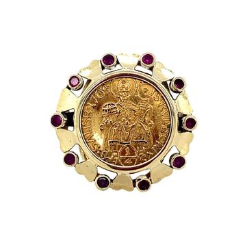 Gouden vintage munt ring met robijn 14 krt beschikbaar voor biedingen