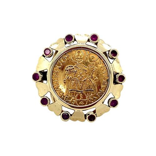 Gouden vintage munt ring met robijn 14 krt, Sieraden, Tassen en Uiterlijk, Ringen, Nieuw, Ophalen of Verzenden