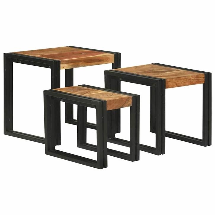 vidaXL Nesttafel 3 pcs Bruin en zwart Massief acaciahout en, Huis en Inrichting, Tafels | Bijzettafels, Nieuw, Minder dan 45 cm