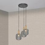 Hanglamp Zwart met Messing en Smoke Glas – 3-Lichts - Aura T, Verzenden, Nieuw