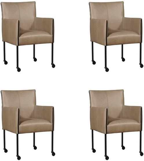 Set van 4 Leren eetkamerstoelen - met wieltjes - Echt leer,, Huis en Inrichting, Stoelen, Vier, Overige kleuren, Nieuw, Leer, Ophalen of Verzenden