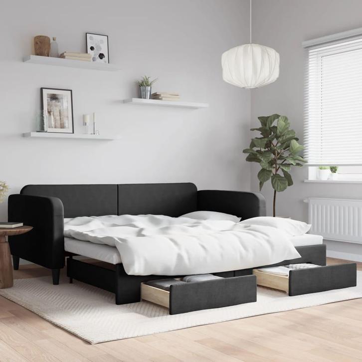 vidaXL Slaapbank met onderschuifbed en lades 100x200 cm stof, Huis en Inrichting, Slaapkamer | Bedden, 100 cm, 200 cm, Zwart, Eenpersoons