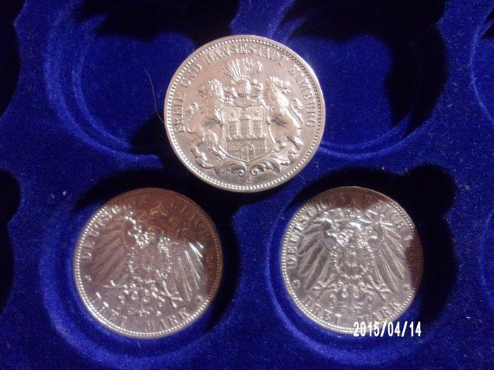 Duitsland, keizerrijk 3 Mark 1909 /1910 / 1912 (Zonder, Postzegels en Munten, Munten | Europa | Niet-Euromunten