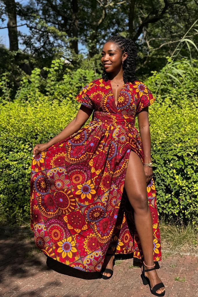 Afrikaanse print Infinity Multiway Maxi Jurk - Rood & Geel M, Kleding | Dames, Rokken, Nieuw, Ophalen of Verzenden