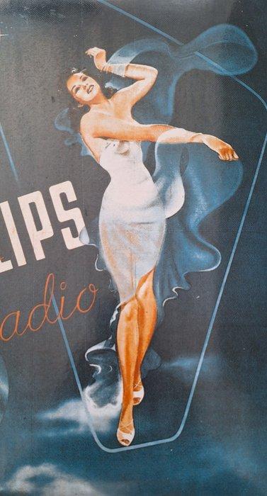 Emaille bord - Philips radio met pin up - Emaille, Antiek en Kunst, Antiek | Wandborden en Tegels