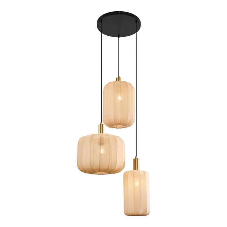 Japandi hanglamp zwart en goud met beige kap 3-lichts -, Huis en Inrichting, Lampen | Hanglampen, Nieuw, Overige materialen, 75 cm of meer