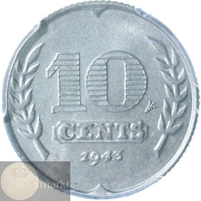 Nederland. Wilhelmina. 10 Cent 1943 zink in PCGS slab MS65, Postzegels en Munten, Munten | Nederland