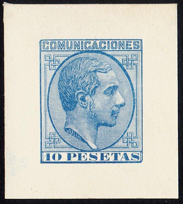 Spanje 1878 - Blauwe zeldzame proefpunzon van 10 pesetas -, Postzegels en Munten, Postzegels | Europa | Spanje