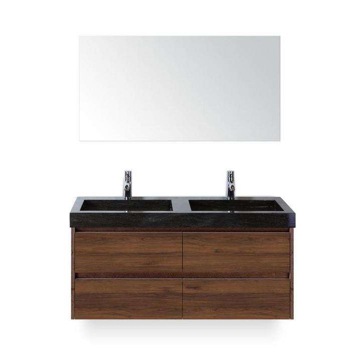 Dante Badmeubelset 120 cm - Walnoot - Wastafel Hardsteen Wit, Huis en Inrichting, Badkamer | Badkamermeubels, Ophalen of Verzenden