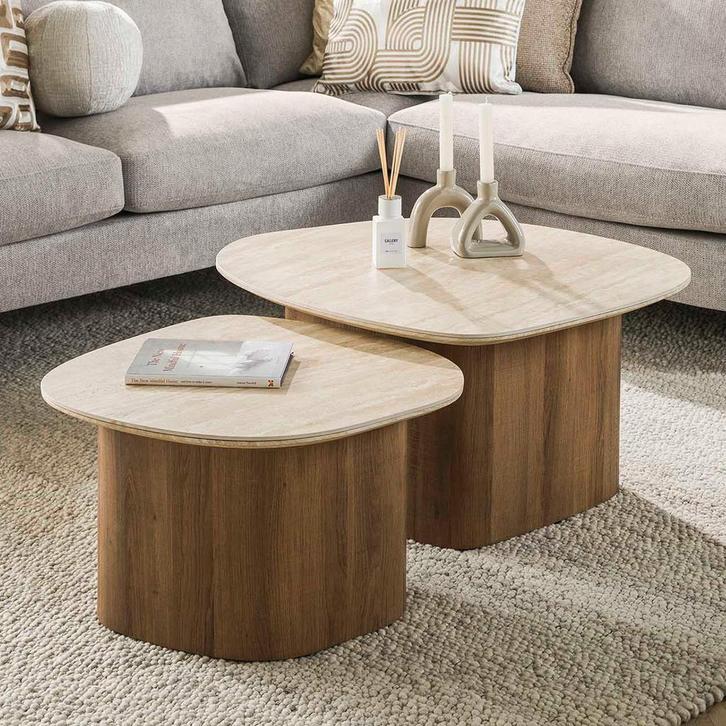 *WOONWINKEL* Salontafelset Travertin En Hout, Huis en Inrichting, Tafels | Salontafels, Nieuw, Verzenden