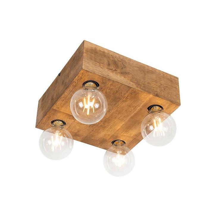 Landelijke plafondlamp vintage hout 4-lichts - Bloc, Huis en Inrichting, Lampen | Spots, Nieuw, Overige materialen