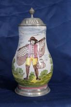 Kan - Wijnkan met tinnen deksel - polychroom majolica