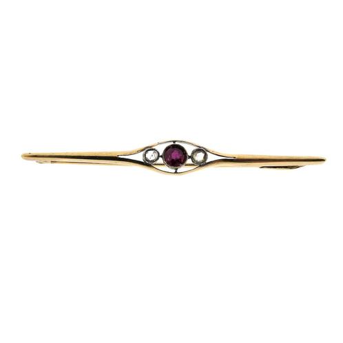 18 Krt. Gouden broche met robijn en diamant | 0,12 ct., Sieraden, Tassen en Uiterlijk, Broches, Overige kleuren, Gebruikt, Met edelsteen