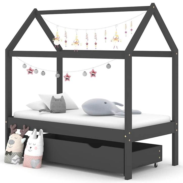 vidaXL Kinderbedframe met lade grenenhout donkergrijs 70x140, Kinderen en Baby's, Kinderkamer | Bedden, Nieuw, Verzenden
