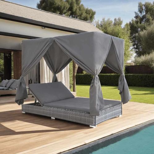 vidaXL Loungebed met gordijnen poly rattan grijs, Tuin en Terras, Ligbedden, Nieuw, Verzenden