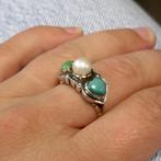 Gouden en zilveren ring met aventurijn, parel en turquoise, Sieraden, Tassen en Uiterlijk, Ringen, Gebruikt, Overige kleuren, Ophalen of Verzenden