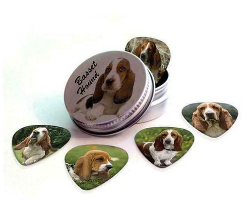 Blikje + plectrums met afbeelding van een Basset Hound hond, Verzamelen, Overige Verzamelen, Nieuw, Ophalen of Verzenden