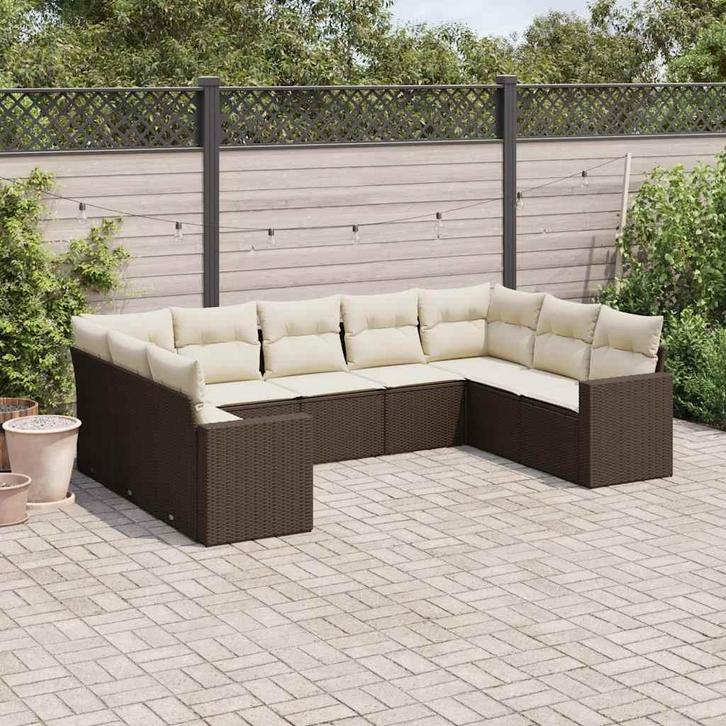 vidaXL 9-delige Loungeset met kussens poly rattan bruin, Tuin en Terras, Tuinsets en Loungesets, Loungeset, Nieuw, Rotan, Verzenden