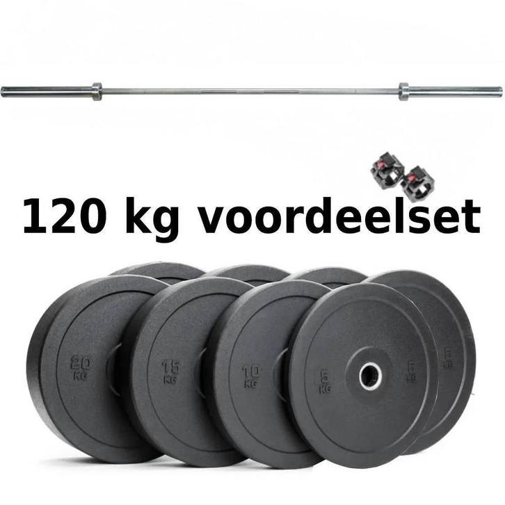Halterstang inclusief bumper plates 120 kg - Halterset, Sport en Fitness, Fitnessmaterialen, Halterset, Nieuw, Armen, Benen, Borst