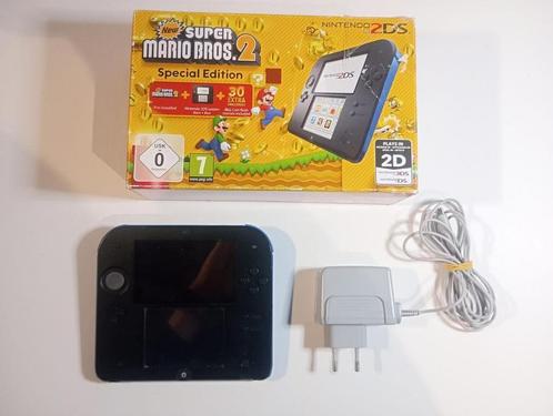 2DS zwart/blauw met doos, garantie, hoes, lader en 32GB, Spelcomputers en Games, Spelcomputers | Nintendo 2DS en 3DS, 2DS, Zwart