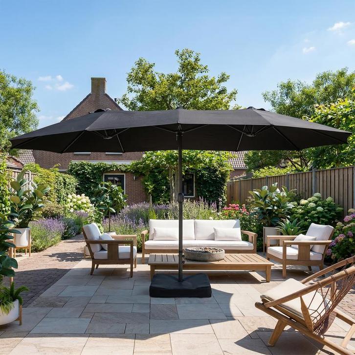 Dubbele parasol met voet – antraciet - 450 x 265 x 278 cm |, Tuin en Terras, Parasols, Nieuw, Verzenden