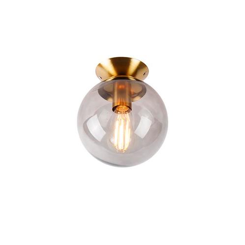 Art deco plafondlamp messing met smoke glas - Pallon, Huis en Inrichting, Lampen | Plafondlampen, Nieuw, Glas